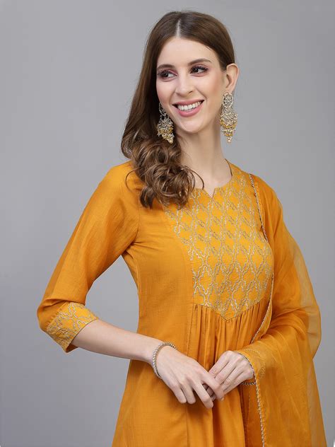 Buy Skylee Women Yellow Printed Kurta With Trousers And With Dupatta Kurta Sets For Women