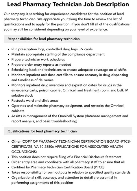 Lead Pharmacy Technician Job Description Velvet Jobs