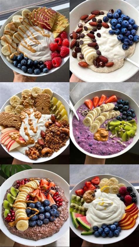 Four Pictures Of Different Types Of Food In Bowls And On Separate