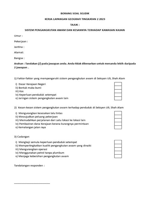 Contoh Borang Soal Selidik Tingkatan 2 Geografi Pengangkutan Awam Pdf