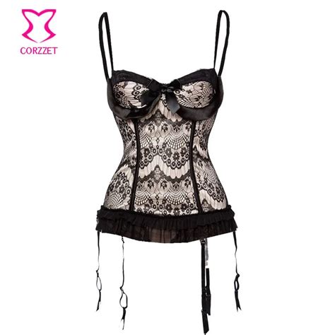 Beige Satinandblack Floral Lace Corset Overbust With Straps Push Up