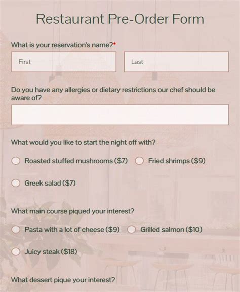 Free Restaurant Pre Order Form Template 123FormBuilder