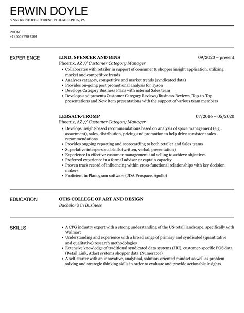 Customer Category Manager Resume Samples Velvet Jobs