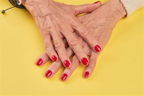 Old Woman Hands With Red Manicure Stock Image Image Of Nailpolish