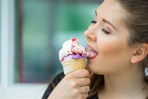 Young Woman Eating Ice Cream Stock Image Image Of Adult Cheerful