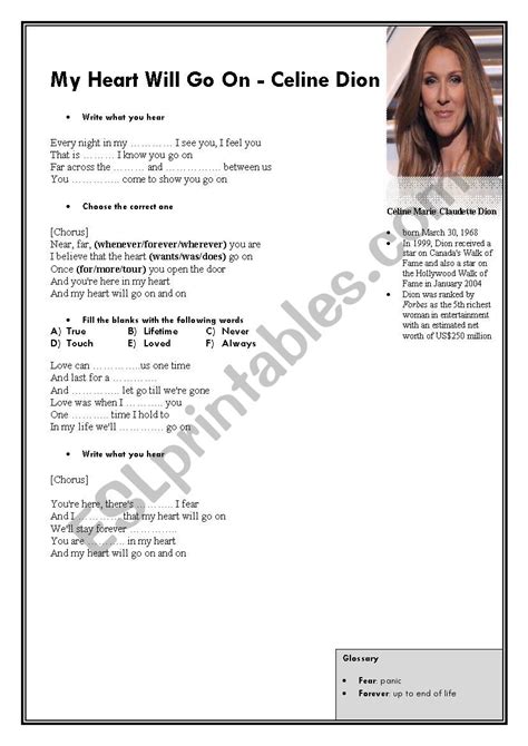 Celine Dion Esl Worksheet By Hossein9698