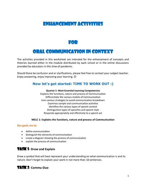 Oral Communication Worksheet ENHANCEMENT ACTIVITIES FOR ORAL