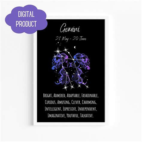 Gemini Zodiac Sign Digital Wall Art Astrology Print Zodiac Star Sign