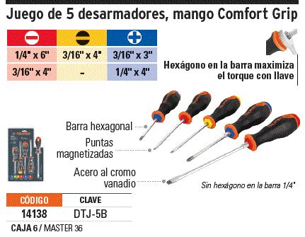 14138 DTJ 5B TRUPER Juego De 5 Desarmadores Mango Comfort Grip Truper