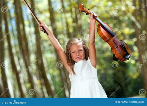 Happy Violinist Raising Violin Outdoors Stock Image Image Of