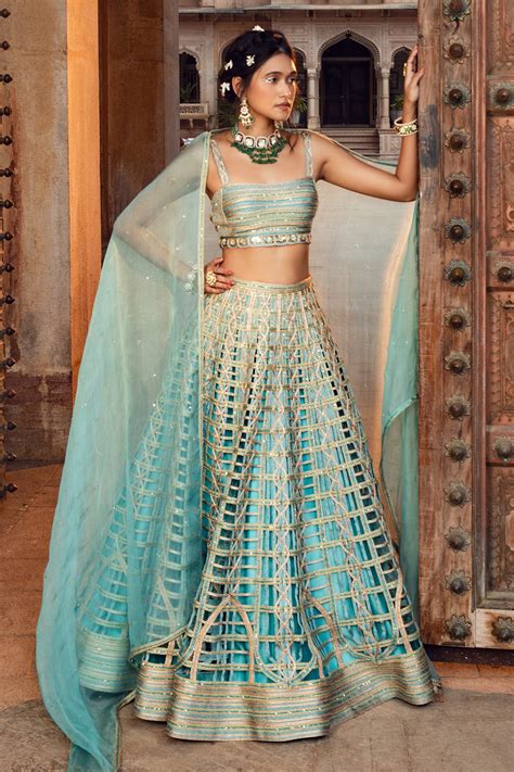 Buy Blue Raw Silk And Pure Organza Embroidery Cord Sequin Lehenga Set