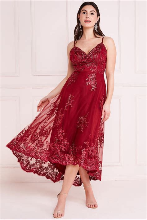 Goddiva High Low Scalloped Midi Dress Burgundy