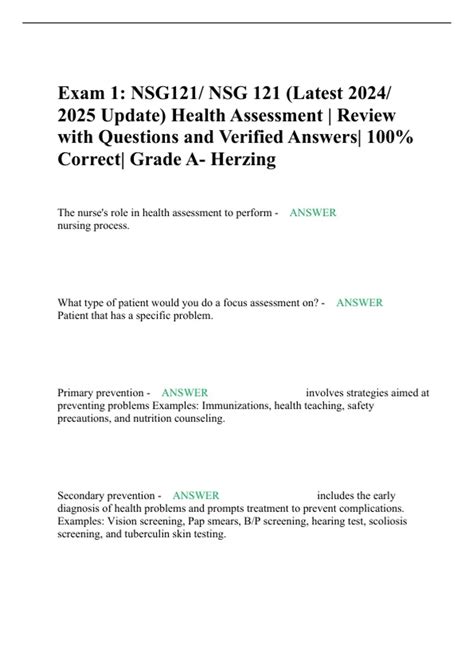 Exam 1 NSG121 NSG 121 Latest 2024 2025 Update Health Assessment