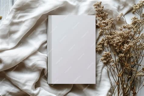Premium Photo A Plain Hardcover Book Mockup With White Flowers On Fabric