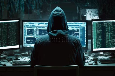 A Hacker Sitting In Front Of Multiple Computer Screens Ai Stock