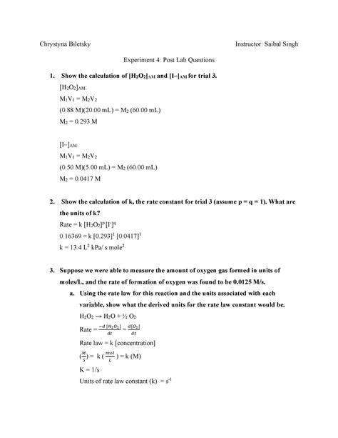 Experiment 4 Post Lab Chem 1032 Lab 4 Post Lab Questions Grade 66 Chrystyna Biletsky