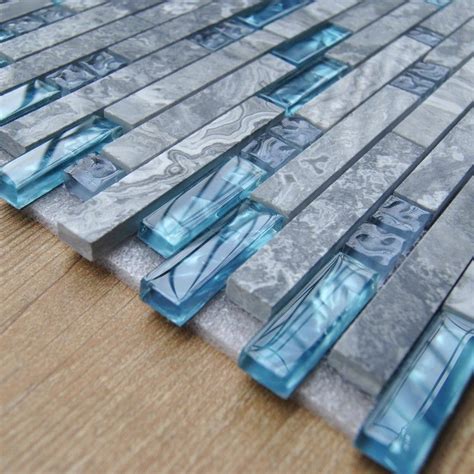 Sea Blue Glass Tile Kitchen Backsplash Marble Bathroom Interlocking Wall Linear Shower