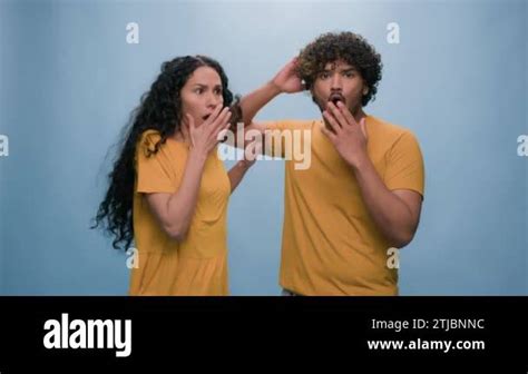 Multiracial Shocked Scared Afraid Couple Amazed Shocked Hispanic Woman