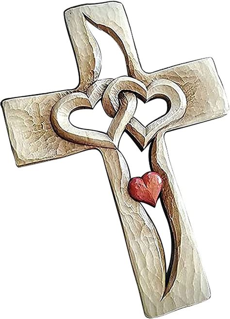 New Carved Wooden Cross Intertwined Hearts Nivtt