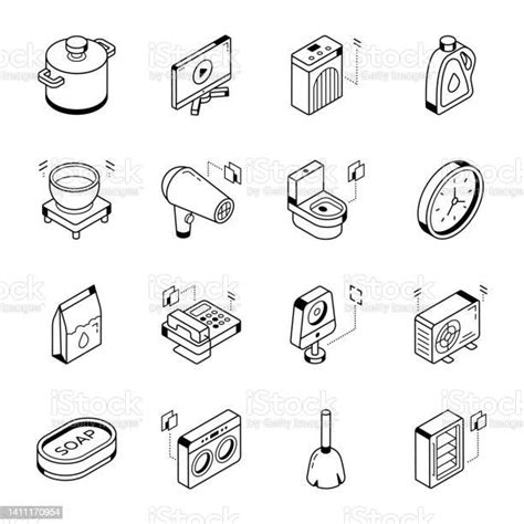 주방 및 가전 제품의 아이소메트릭 라인 아이콘 Lcd에 대한 스톡 벡터 아트 및 기타 이미지 Lcd 계시기 등측투영법