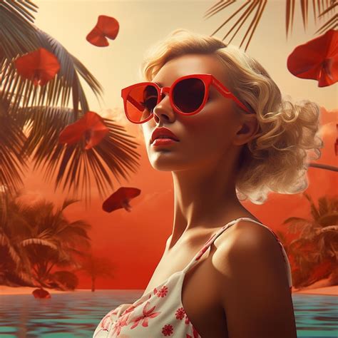 Una Mujer Con Gafas De Sol Rojas Y Un Fondo Tropical Imagen Premium