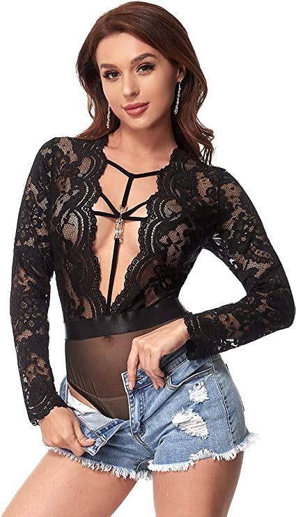 Lingerlove Sexy Lingerie For Women Long Sleeve Lace Teddy Bodysuit Plus