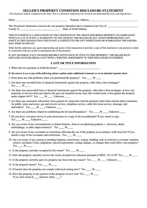 Sellers Property Condition Disclosure Statement Form Printable Pdf