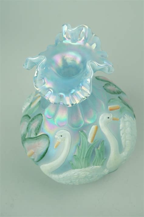 Sold Price Fenton Blue Satin Glass Iridescent Swan Vase Invalid Date Edt