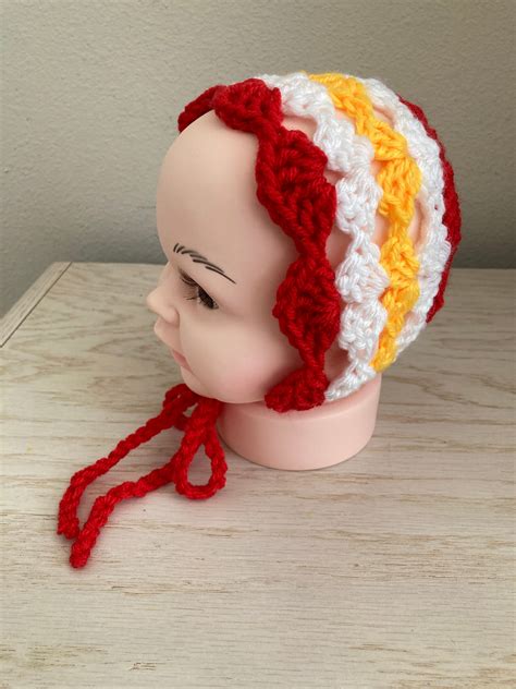 Baby Bonnet In Red And Gold Yarn Colors Of Kansas City Chiefs Football