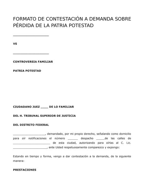 Contestacion De Demanda Por Perdida De Patria Potestad FORMATO DE