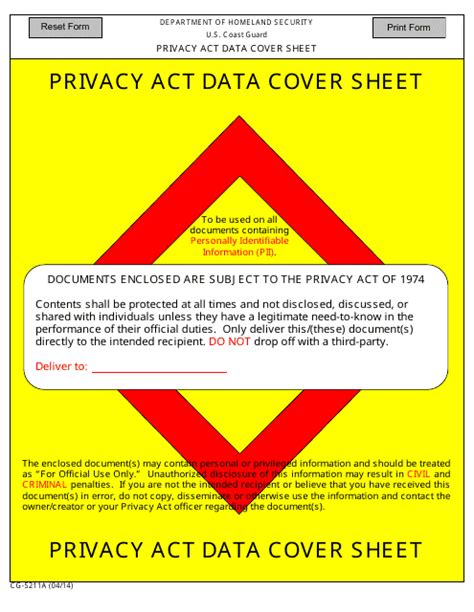 Dhs Form Cg 5211a Download Printable Pdf Privacy Act Data Cover Sheet