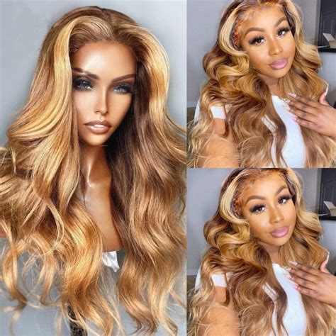 Klaiyi Ombre Highlight Lace Front Wig Body Wave Honey Blonde Human Hair