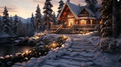 ai generated cozy winter aesthetic   warm glow snow laden pines