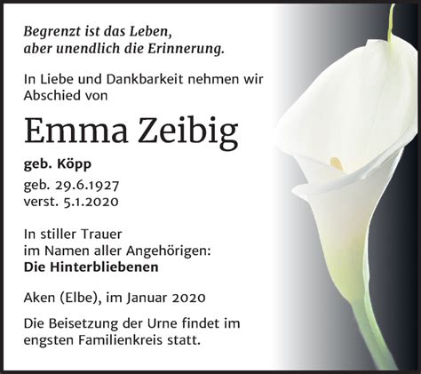 Traueranzeigen Von Emma Zeibig Abschied Nehmende