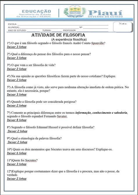 Atividade De Filosofia Ano Braincp