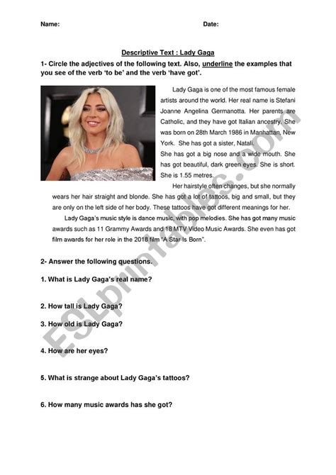 Descriptive Text Lady Gaga Esl Worksheet By Celiamtrinidad