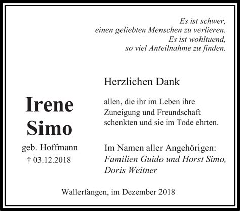 Traueranzeigen Von Irene Simo Saarbruecker Zeitung Trauer De