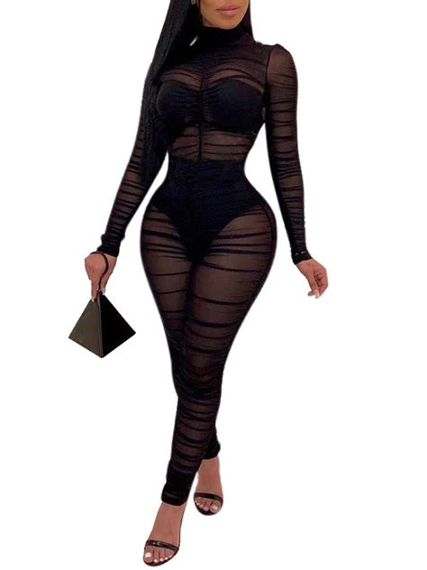 Uni Clau Women Sexy One Piece Outfits Mesh Sheer Bodycon Jumpsuit Long