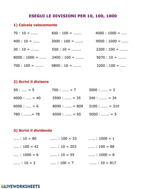 Divisioni Per 10 100 1000 Exercise School Subjects Workbook