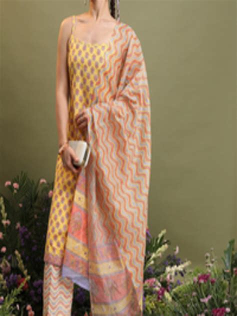 Buy Vishudh Mustard Yellow Ethnic Motifs Printed Straight Kurta With