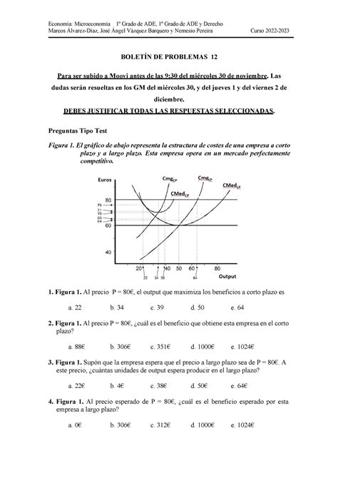 Boletin de Ejercicios 12 Economía Microeconomía 1º Grado de ADE 1º