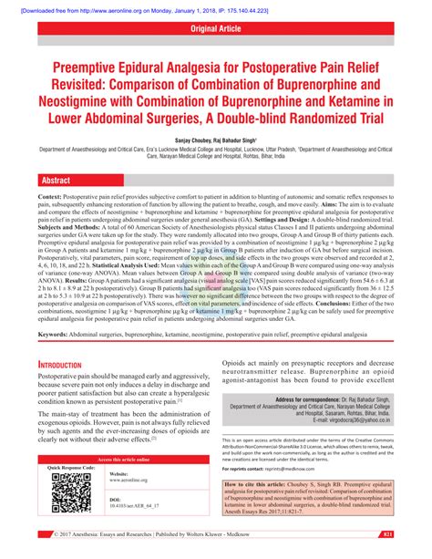 PDF Preemptive Epidural Analgesia For Postoperative Pain Relief