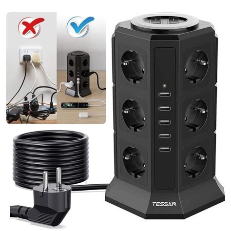 Tessan Multiprise Tour Avec Prises W A Et Ports Usb