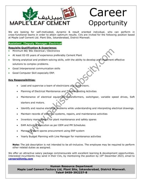 Maple Leaf Cement Factory Ltd Jobs Assistant Deputy Manager Electrical