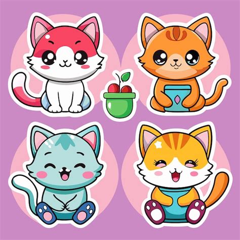 Adorable Kitten Stickers Kawaii Cat Illustrations Cute Cat Designs ...