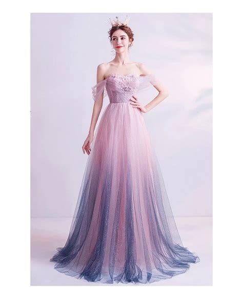 Fairy Ombre Pink Purple Prom Dress Off Shoulder With Sparkly Tulle