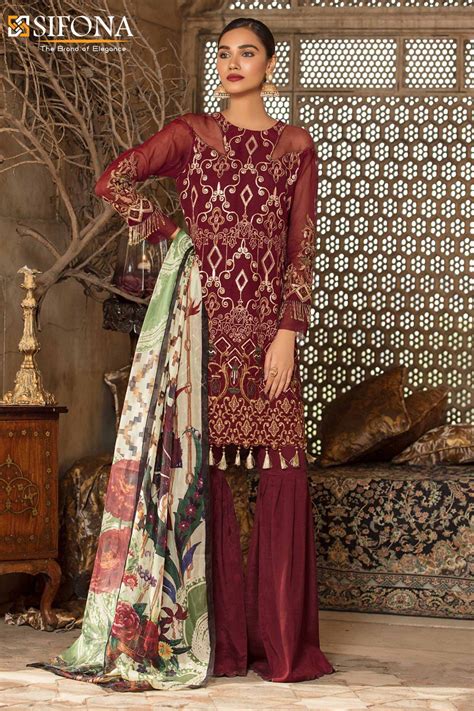 Embroidered Maroon Pakistani Net Suit By Sifona Online Online