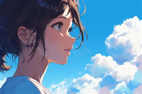 Beautiful Anime Girl In Profile On Sky Blue Color Background | Premium AI-generated image