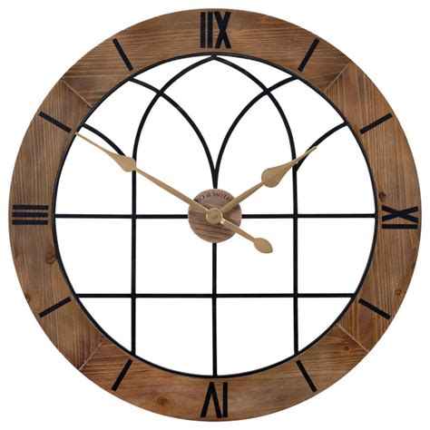 Farmhouse Wall Clock With Roman Numerals Brown Round Design And Arched Accents Farmhouse