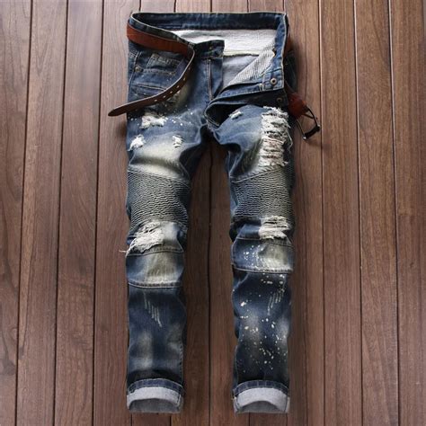 2018 New Patchwork Denim Jeans For Men Biker Skinny Ripped Jeans Mens Plaid Designer Jeans Pants